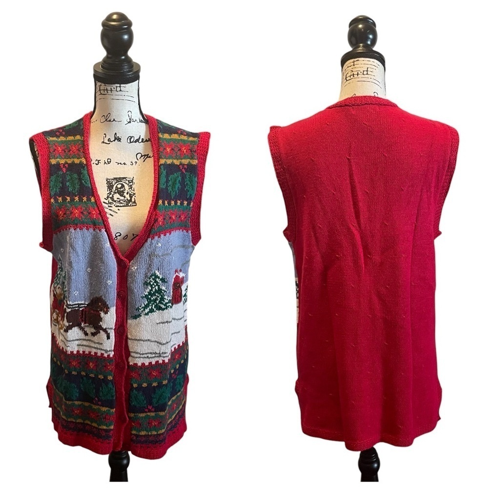 Talbots Christmas Sweater Knit Vest Red Green Size Medium Winter Holiday Novelty - Picture 10 of 10